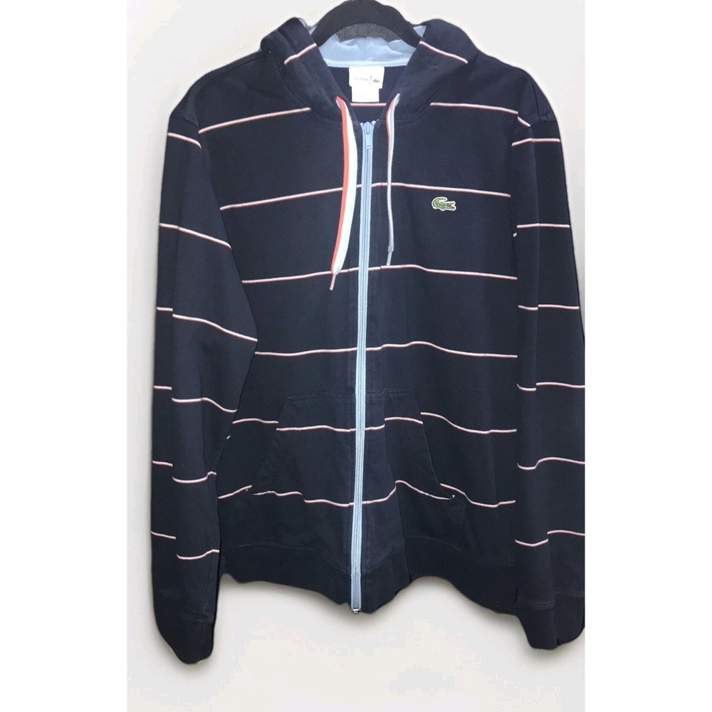 Lacoste L!VE Hoodie Sweater Full Zip Men's size 7 XXL Navy Blue Red White Stripe